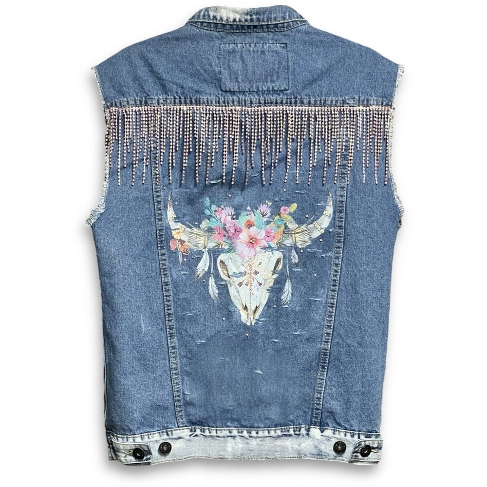 Southwestern Fashion Denim Vest Cow Skull Pink Rhinestone Fringe Women’s Medium